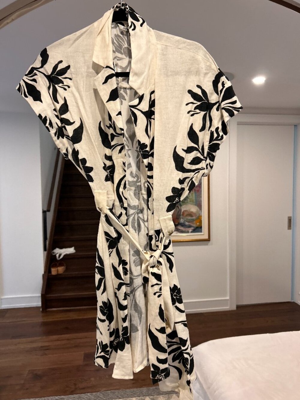 Zara Black & White Floral Linen Wrap Dress